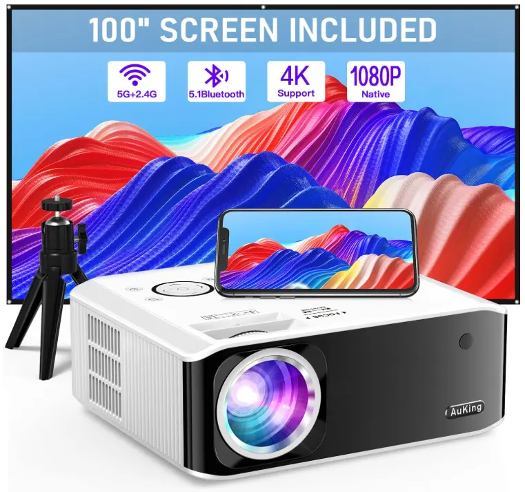 AuKing Projector, 2024 Upgraded Mini Projector, Full HD 1080P Home Theater Video Projector